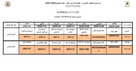 جدول امتحانات الفرقة الأولى لكلية الآداب جامعة القاهرة 2024/2025 جدول امتحانات الفرقة الأولى لكلية الآداب جامعة القاهرة 2024/2025