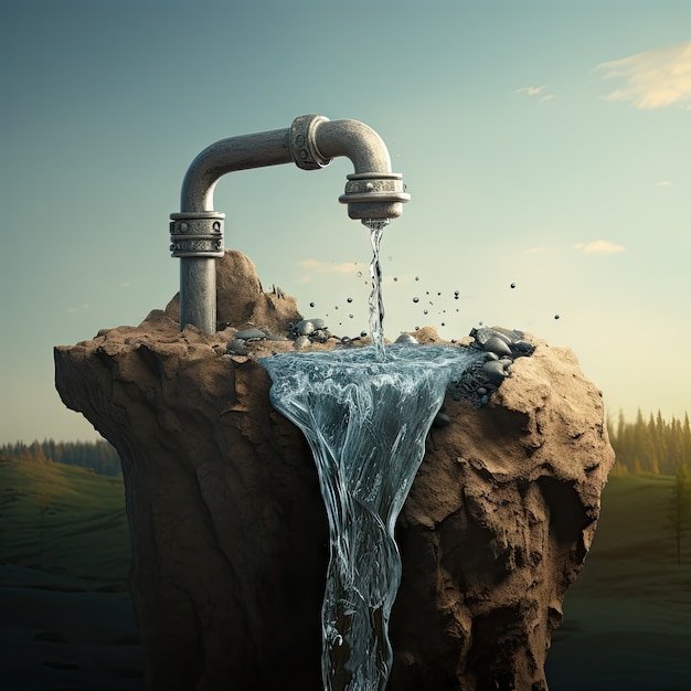 منظر طبيعي خيالي مع صنبور مياه سريالي للتوعية بيوم المياه العالمي