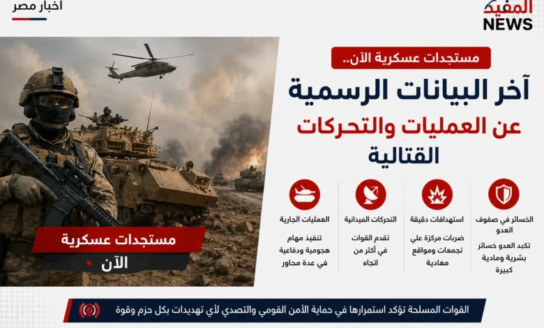 مستجدات عسكرية الآن .. آخر البيانات الرسمية عن العمليات والتحركات القتالية مستجدات عسكرية الآن .. آخر البيانات الرسمية عن العمليات والتحركات القتالية